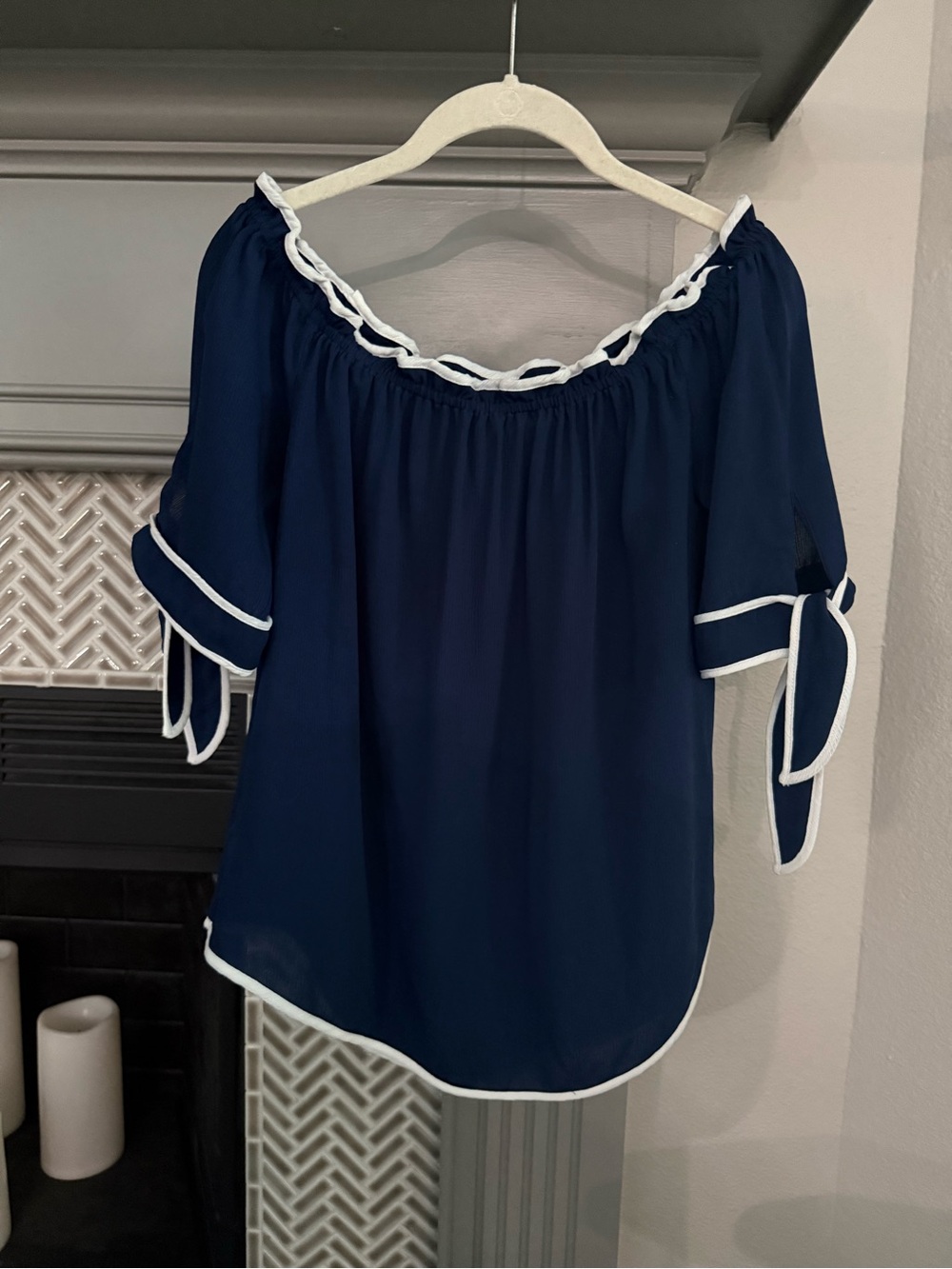 Sweet Wanderer Navy Off-Shoulder Top with White Trim